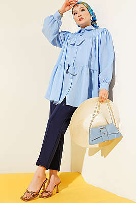 Fiyonk Detaylı Oversize Gömlek Mavi - Gömlek