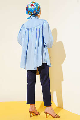 Fiyonk Detaylı Oversize Gömlek Mavi - Gömlek