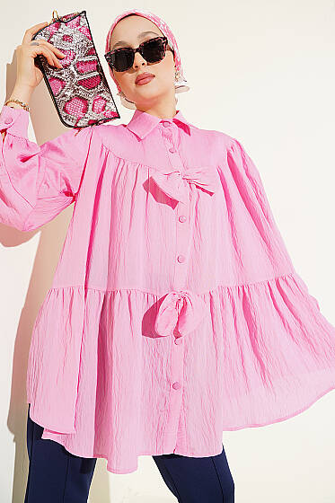 Fiyonk Detaylı Oversize Gömlek Pembe - Gömlek