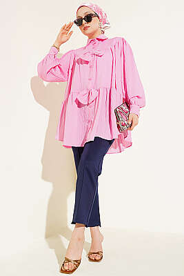 Fiyonk Detaylı Oversize Gömlek Pembe - Gömlek