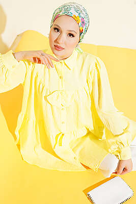 Fiyonk Detaylı Oversize Gömlek Sarı - TABLO FASHİON