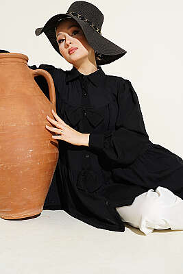 Fiyonk Detaylı Oversize Gömlek Siyah - TABLO FASHİON