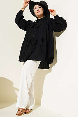 Fiyonk Detaylı Oversize Gömlek Siyah - Gömlek