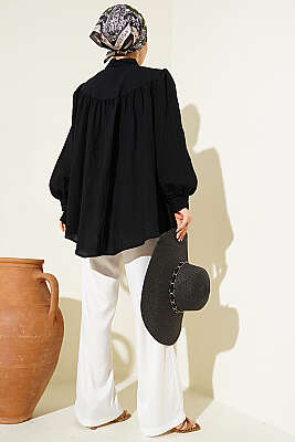 Fiyonk Detaylı Oversize Gömlek Siyah - Gömlek