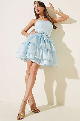 Fiyonk Detaylı Simli Abiye Elbise Bebe Mavi - DANS LİFE