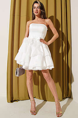 Fiyonk Detaylı Simli Abiye Elbise Ekru - Kadın Giyim Modelleri