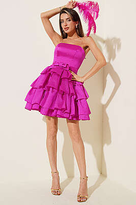 Fiyonk Detaylı Simli Abiye Elbise Fuşya - Kadın Giyim Modelleri