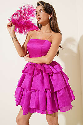 Fiyonk Detaylı Simli Abiye Elbise Fuşya - Kadın Giyim Modelleri