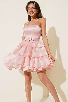 Fiyonk Detaylı Simli Abiye Elbise Pudra - Kadın Giyim Modelleri