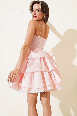 Fiyonk Detaylı Simli Abiye Elbise Pudra - Kadın Giyim Modelleri