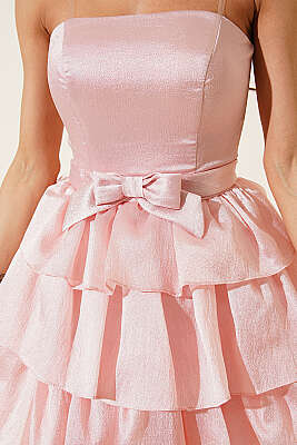 Fiyonk Detaylı Simli Abiye Elbise Pudra - Kadın Giyim Modelleri