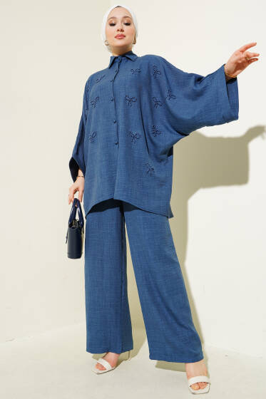 Fiyonk İncili Oversize İkili Takım İndigo - İkili Takım