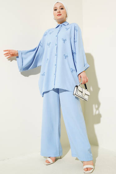 Fiyonk İncili Oversize İkili Takım Mavi - İkili Takım