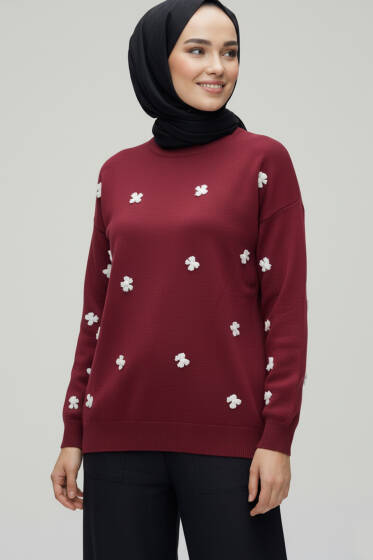 Fiyonk İşlemeli Triko Kazak Bordo - Triko Kazak