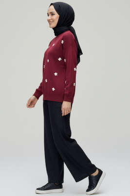 Fiyonk İşlemeli Triko Kazak Bordo - Yılın Fırsatı