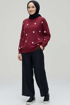 Fiyonk İşlemeli Triko Kazak Bordo - Yılın Fırsatı