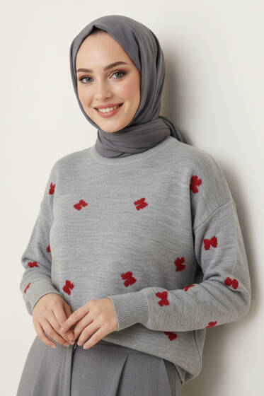 Fiyonk İşlemeli Triko Kazak Gri - Triko Kazak