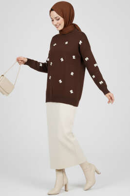 Fiyonk İşlemeli Triko Kazak Kahve - Yılın Fırsatı