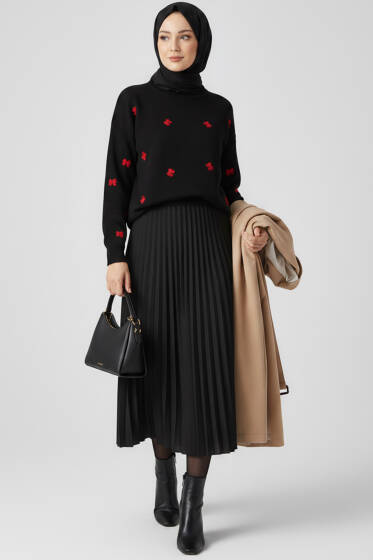 Fiyonk İşlemeli Triko Kazak Siyah - Triko Kazak