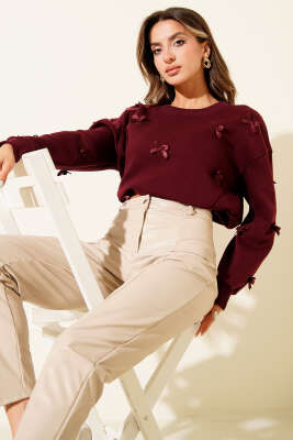Fiyonk Kurdeleli Üç İplik Sweatshirt Bordo 