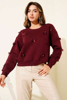 Fiyonk Kurdeleli Üç İplik Sweatshirt Bordo - Kadın Giyim Modelleri