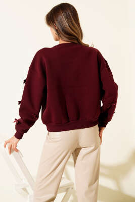 Fiyonk Kurdeleli Üç İplik Sweatshirt Bordo - Kadın Giyim Modelleri