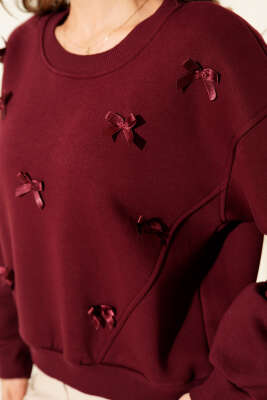 Fiyonk Kurdeleli Üç İplik Sweatshirt Bordo - Kadın Giyim Modelleri