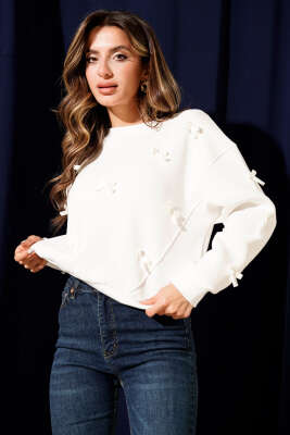 Fiyonk Kurdeleli Üç İplik Sweatshirt Ekru 