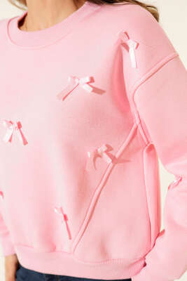 Fiyonk Kurdeleli Üç İplik Sweatshirt Pembe - Kadın Giyim Modelleri