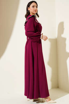 Fiyonk Kuşaklı Bebe Yaka Elbise Burgonya - Tesettür Elbise