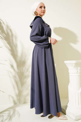 Fiyonk Kuşaklı Bebe Yaka Elbise Füme - Tesettür Elbise