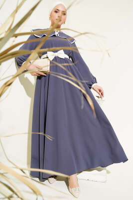 Fiyonk Kuşaklı Bebe Yaka Elbise Füme - FİXAY