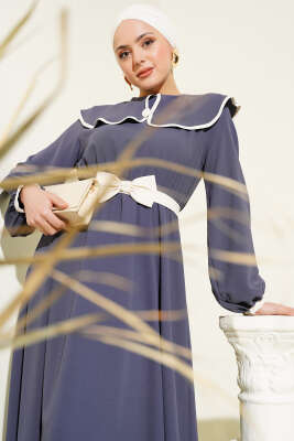 Fiyonk Kuşaklı Bebe Yaka Elbise Füme - Tesettür Elbise