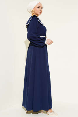 Fiyonk Kuşaklı Bebe Yaka Elbise Lacivert - Tesettür Elbise