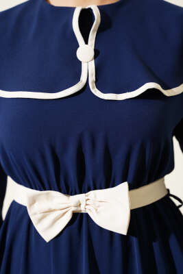 Fiyonk Kuşaklı Bebe Yaka Elbise Lacivert - Tesettür Elbise