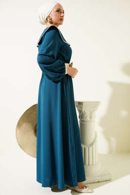 Fiyonk Kuşaklı Bebe Yaka Elbise Petrol - Tesettür Elbise