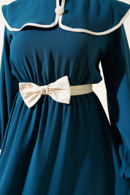 Fiyonk Kuşaklı Bebe Yaka Elbise Petrol - Tesettür Elbise