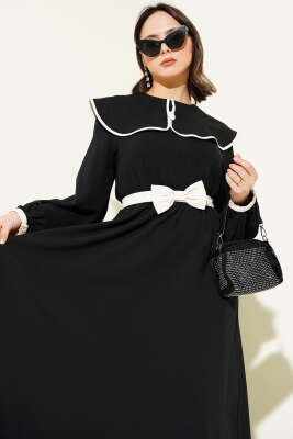 Fiyonk Kuşaklı Bebe Yaka Elbise Siyah - Tesettür Elbise