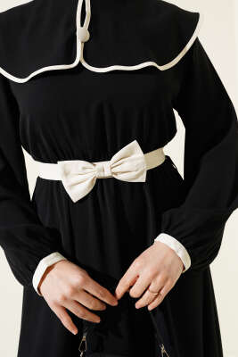 Fiyonk Kuşaklı Bebe Yaka Elbise Siyah - Tesettür Elbise