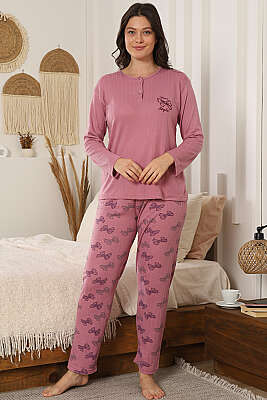 Fiyonk Nakışlı Desenli Pijama Takımı Gül Kurusu - GLİSA