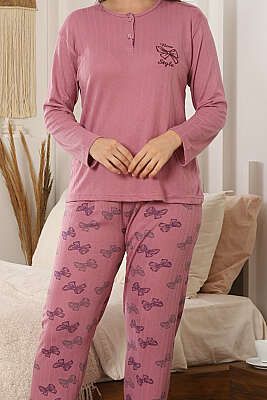 Fiyonk Nakışlı Desenli Pijama Takımı Gül Kurusu - Pijama