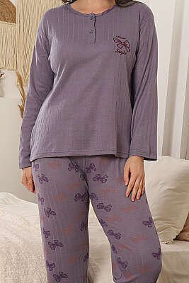 Fiyonk Nakışlı Desenli Pijama Takımı Leylak - Pijama