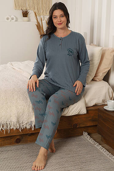 Fiyonk Nakışlı Desenli Pijama Takımı Mint - Pijama