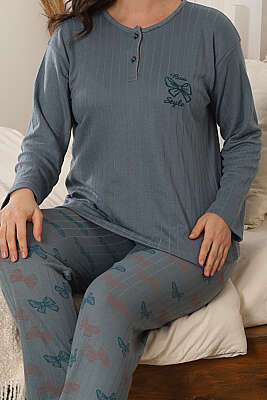 Fiyonk Nakışlı Desenli Pijama Takımı Mint - Pijama