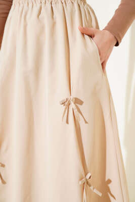 Fiyonk Süslemeli Bel Lastikli Etek Bej - Uzun Etek