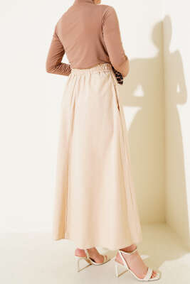 Fiyonk Süslemeli Bel Lastikli Etek Bej - Uzun Etek