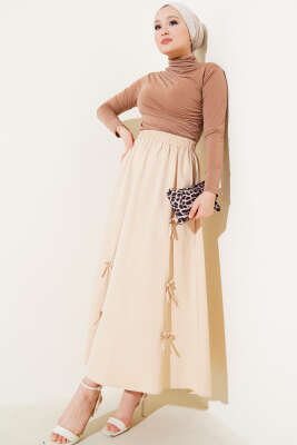 Fiyonk Süslemeli Bel Lastikli Etek Bej - Uzun Etek