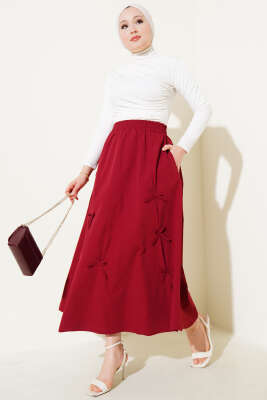 Fiyonk Süslemeli Bel Lastikli Etek Bordo - Uzun Etek