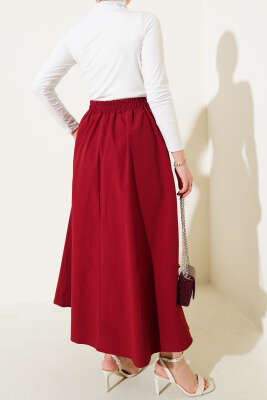 Fiyonk Süslemeli Bel Lastikli Etek Bordo - Uzun Etek