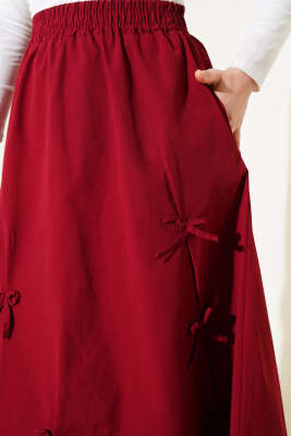 Fiyonk Süslemeli Bel Lastikli Etek Bordo - Uzun Etek